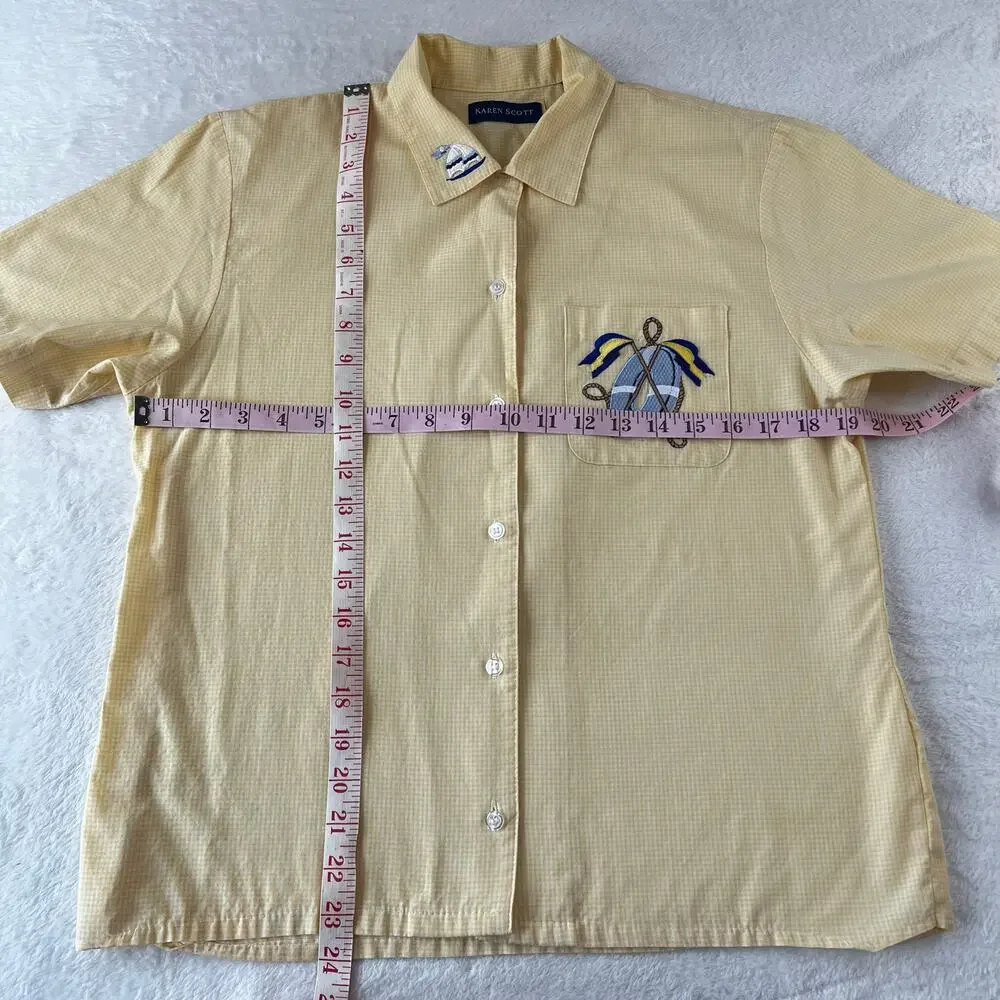 Karen Scott Yellow Button Down Blouse Shirt Embroidered Boat Nautical Size Small